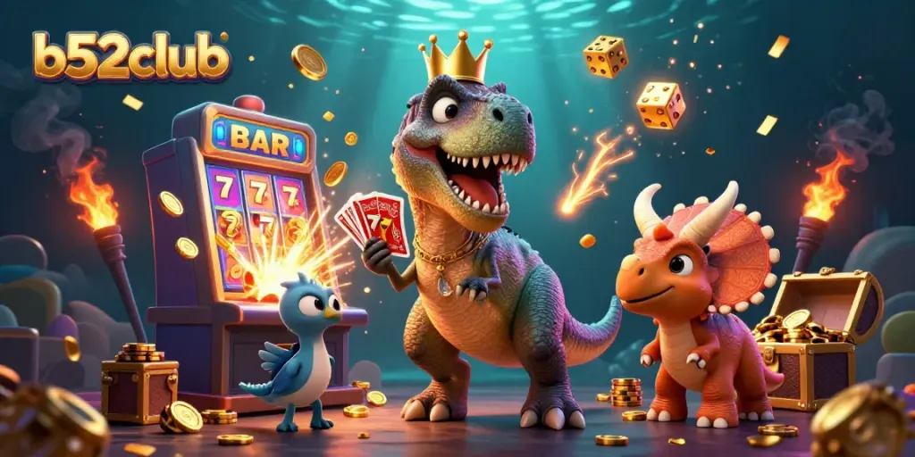 B52club features a T-Rex shuffling cards, a pterodactyl assisting, and a triceratops stacking chips.