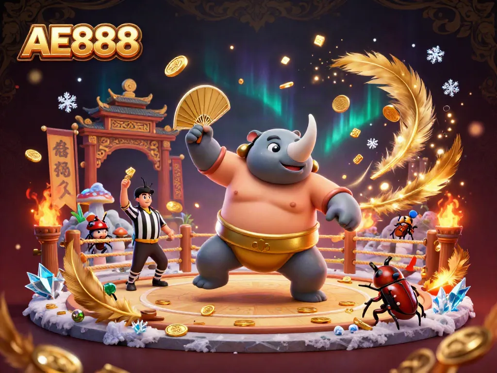 Experience AE888 casino excitement with a dynamic scene showcasing a beetle sumo champion amid golden coins.