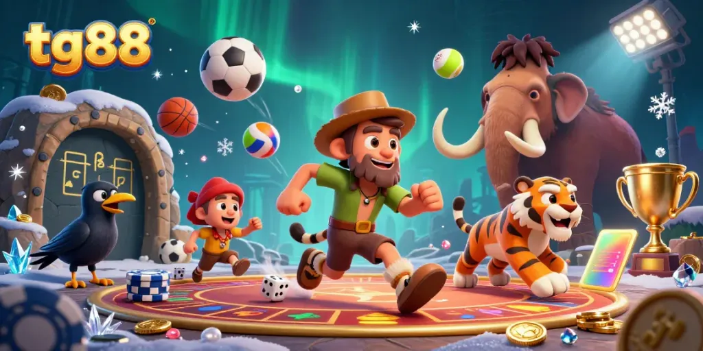 Experience tg88's vibrant prehistoric casino scene with lively characters and dynamic sports elements.