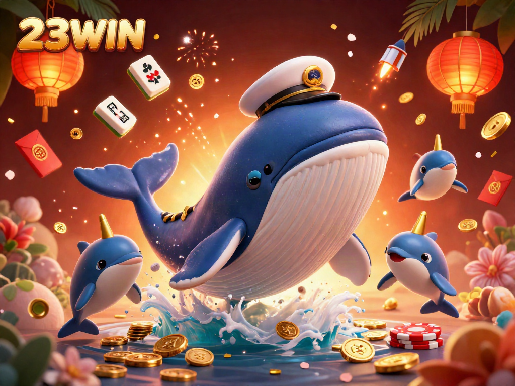 Engage in thrilling adventures with 23WIN, where a cartoon whale and friends celebrate casino wins.