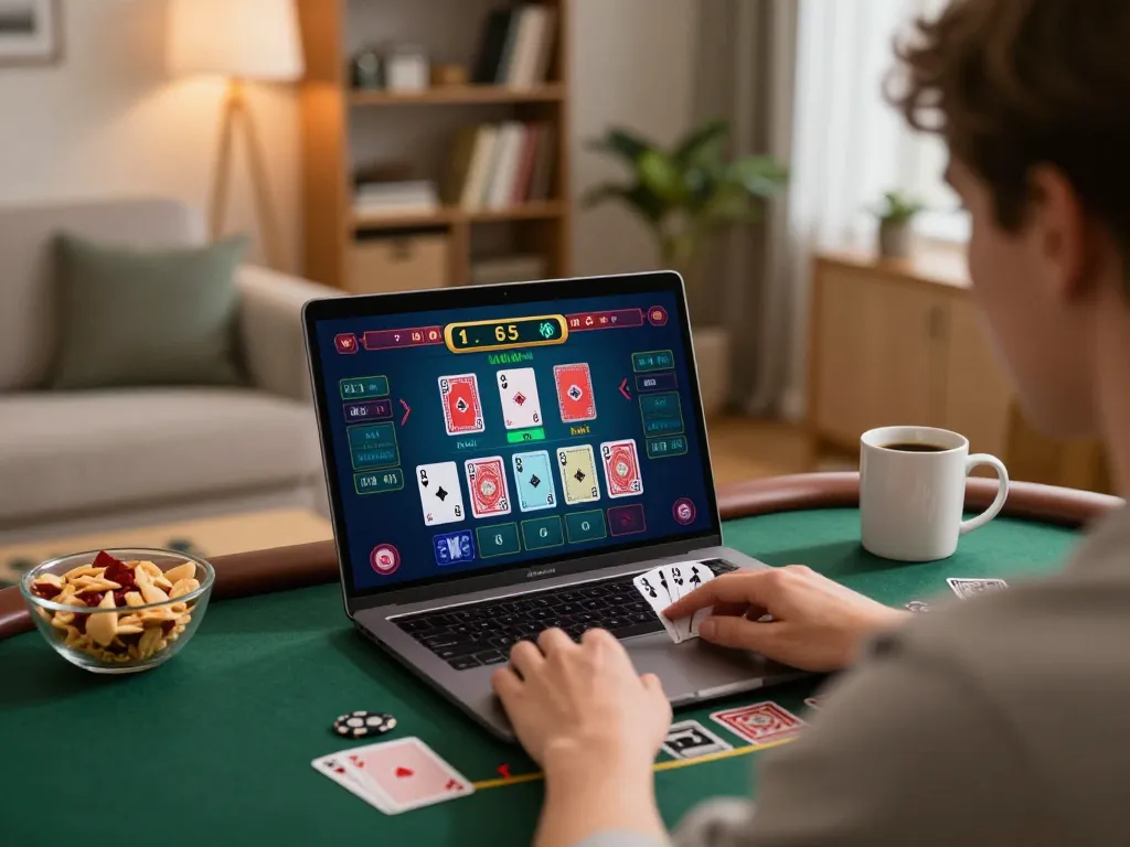 Engaging in online blackjack at home on sunwin platform with laptop and drinks