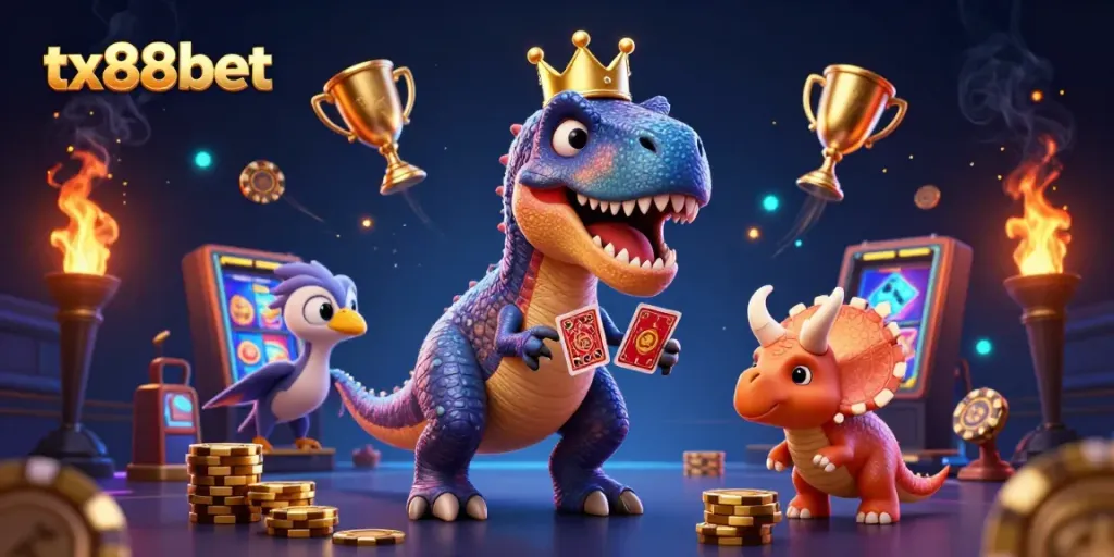 Join the fun at tx88bet with a friendly dinosaur showcasing slots and golden prizes.