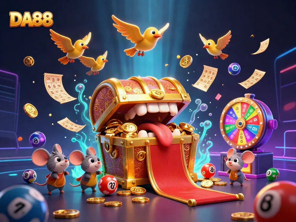 Engage with DA88 in a vibrant online casino scene featuring golden treasures and lottery elements.
