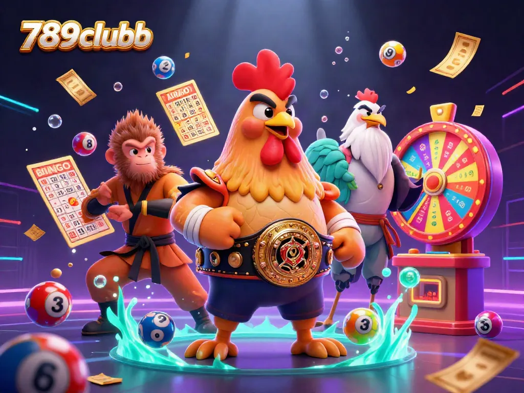 Experience the vibrant world of 789clubb with a fierce Muay Thai rooster and dynamic lottery elements in a 3D digital illustration.