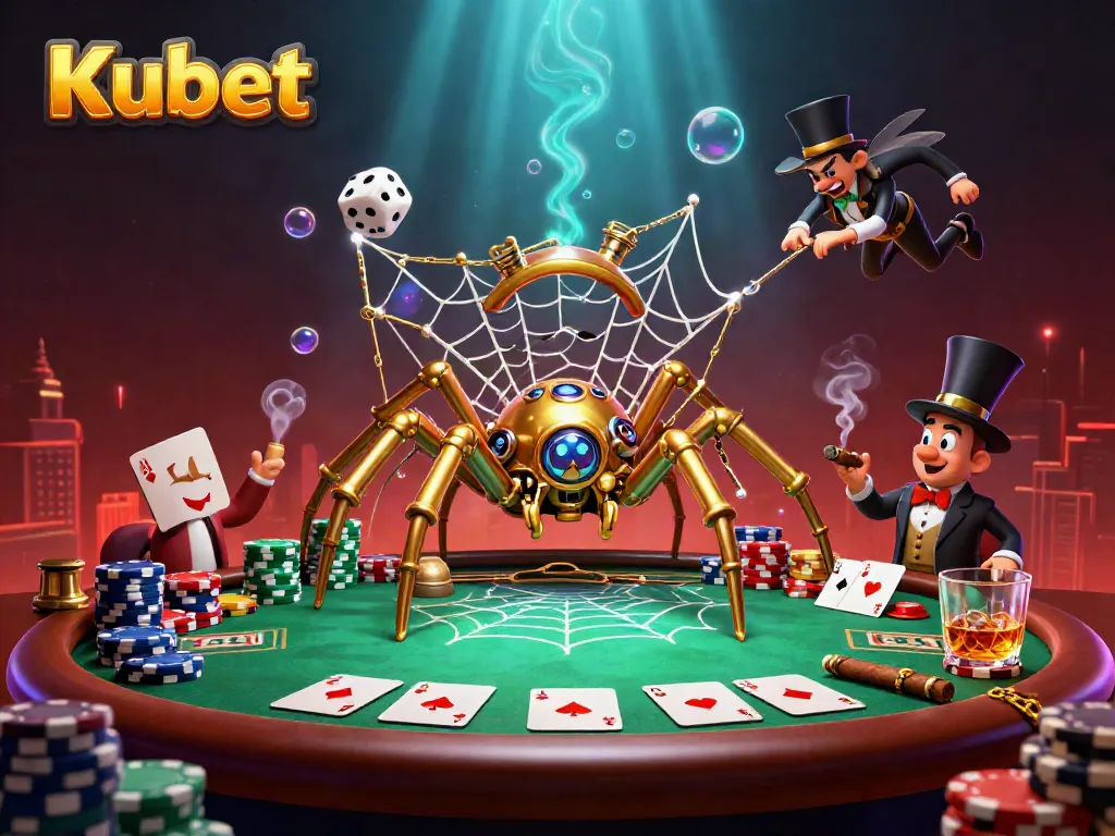 Kubet's dynamic casino scene showcases a whimsical steampunk spider and a trapped fly amidst vibrant poker elements.