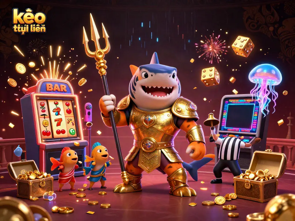 Engaging scene showcasing kèo trực tuyến with a tiger shark gladiator, showcasing vibrant casino elements.