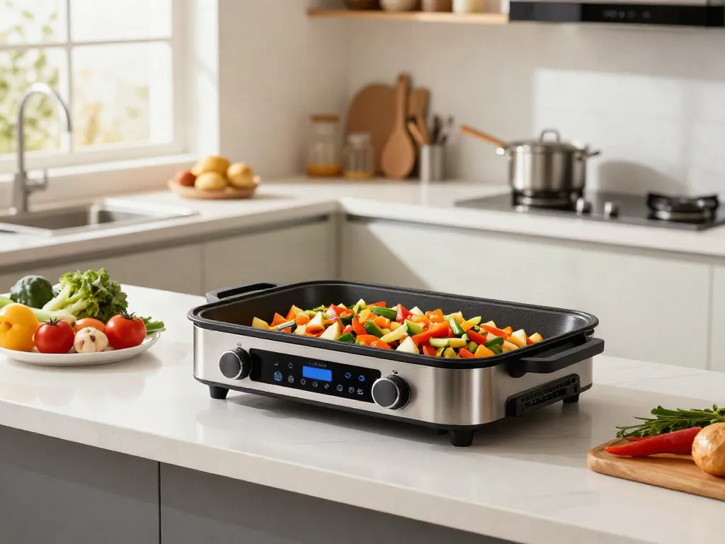 Walton Infrared Cooker Price in Bangladesh displayed with a home cook preparing a stir-fry in a bright kitchen.