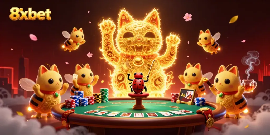 Engage with 8xbet through a vibrant scene featuring a lucky cat amidst poker excitement.