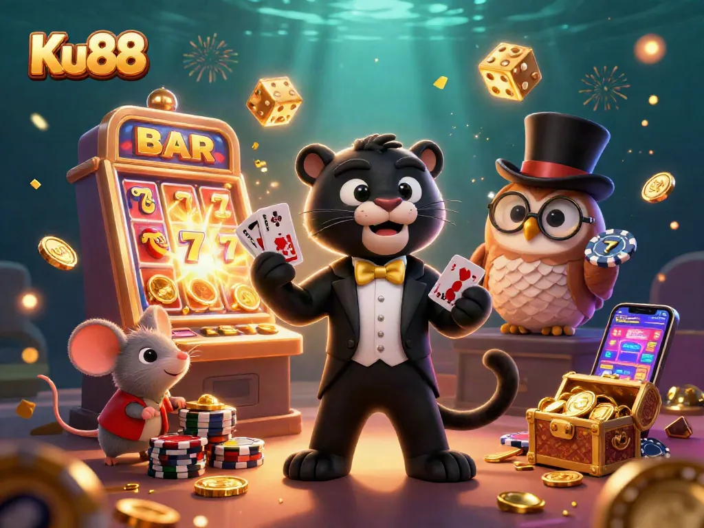 Play exciting games at Ku88 with a charming panther dealer, owl, and lucky mouse in a vibrant casino scene.
