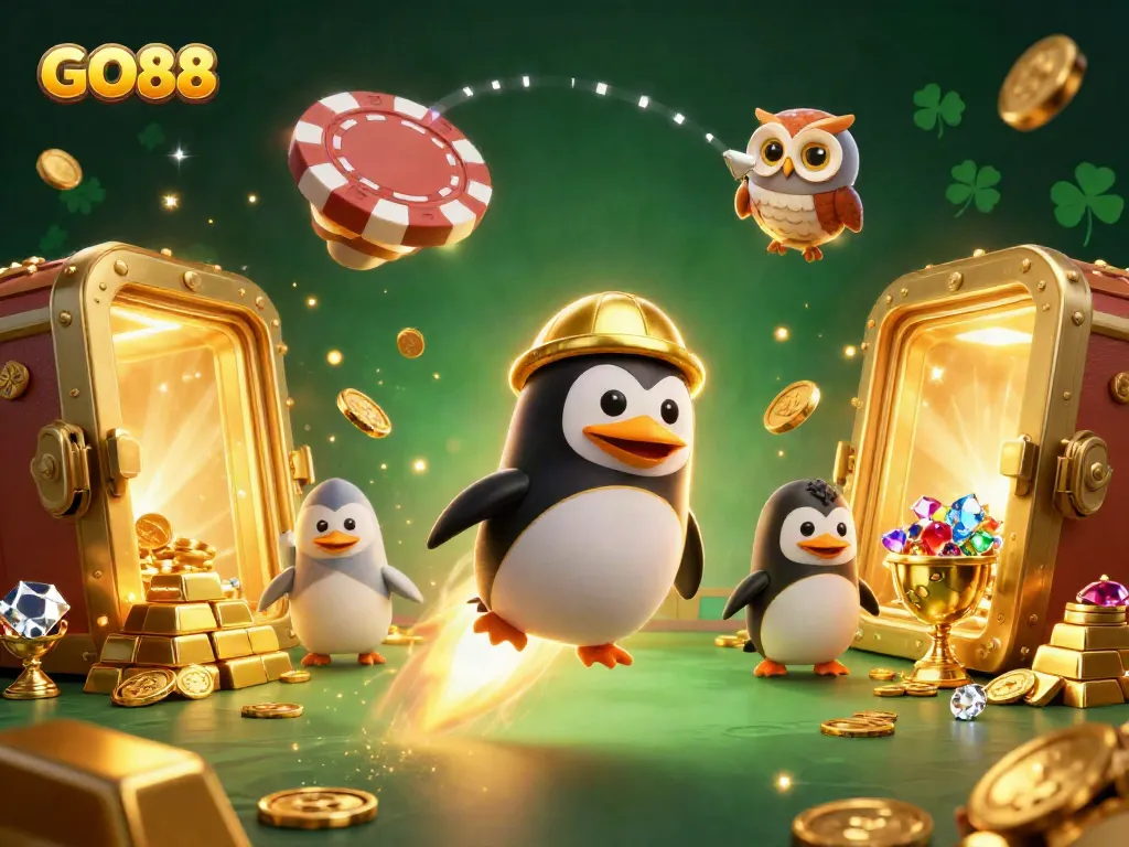 Experience excitement at GO88 as the golden penguin zooms towards the casino, revealing treasures.
