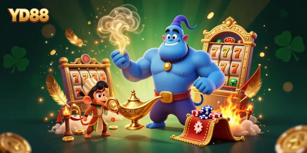 Engage in thrilling gaming at YD88 with a captivating 3D scene featuring a powerful genie and poker chips.