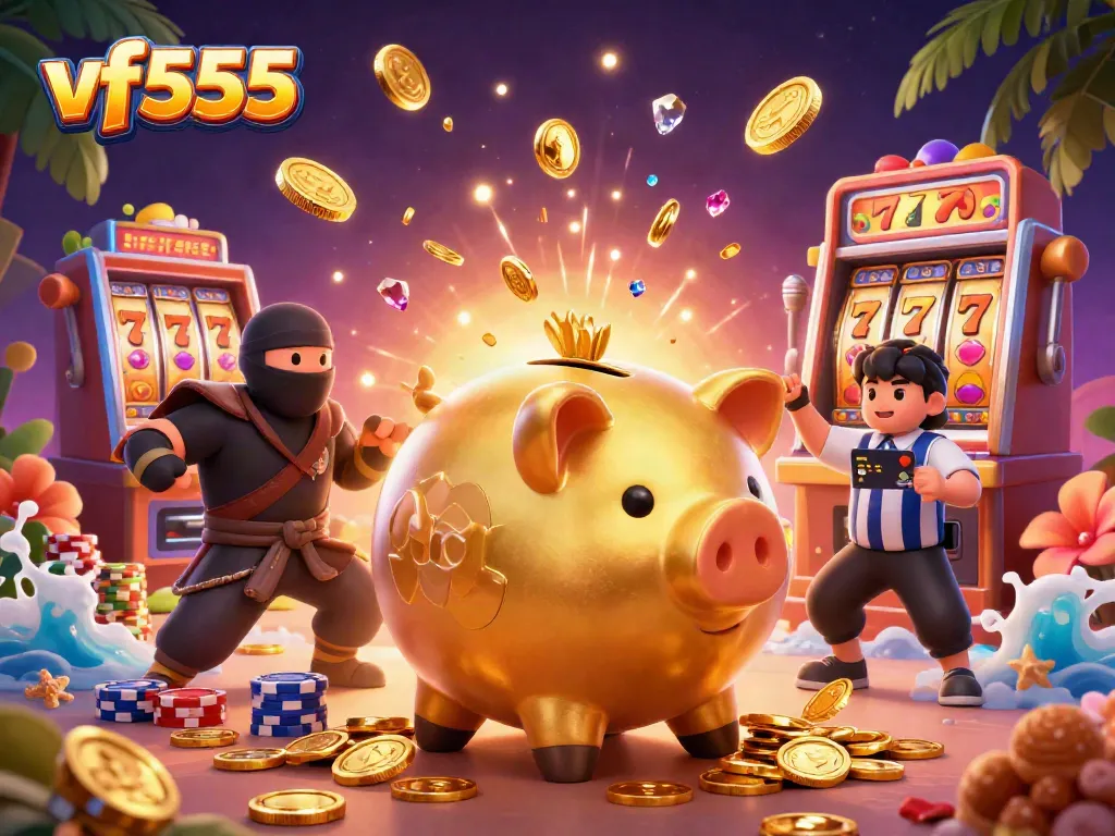 Experience large wins with vf555 in a dynamic casino scene featuring vibrant characters and gaming elements.