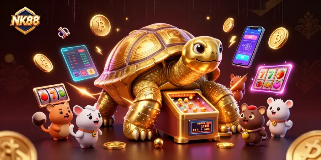 Win big with NK88, a vibrant 3D illustration showcasing a golden tortoise pinball machine in action.