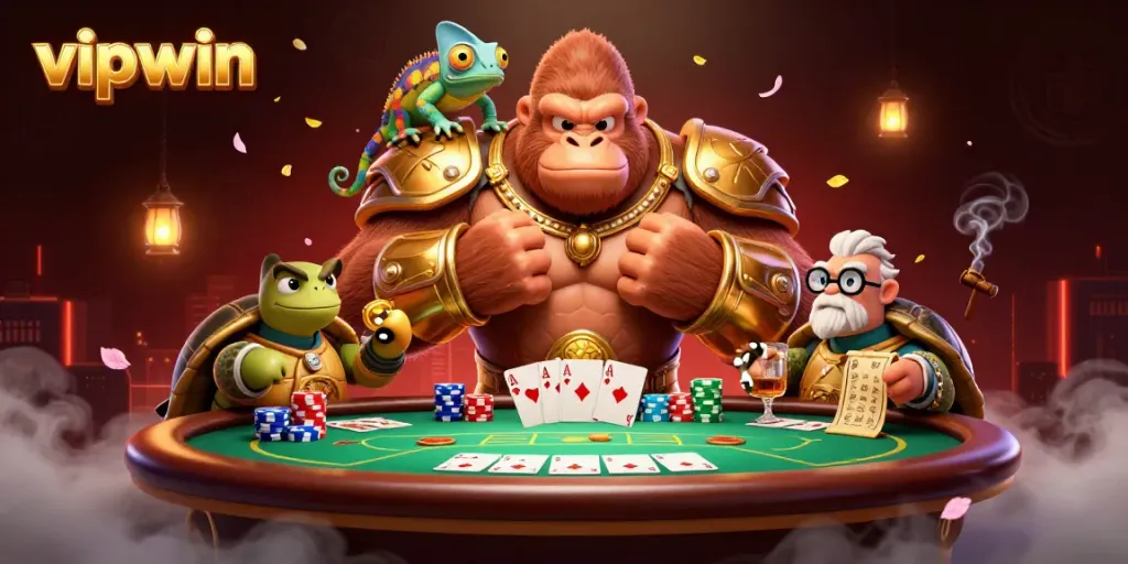Engage with vipwin's exciting gaming world through this dynamic 3D illustration filled with casino action.