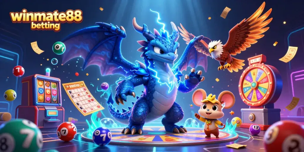 Engage with winmate88 betting through dynamic 3D characters and casino elements in a vibrant scene.
