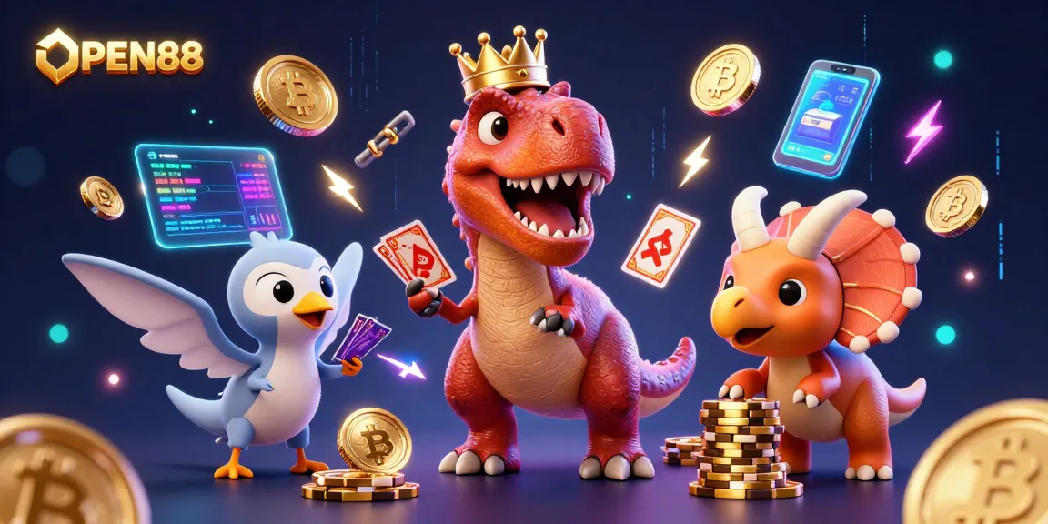Experience thrilling gaming at OPEN88 with a playful T-Rex, pterodactyl, and triceratops in a vibrant casino scene.