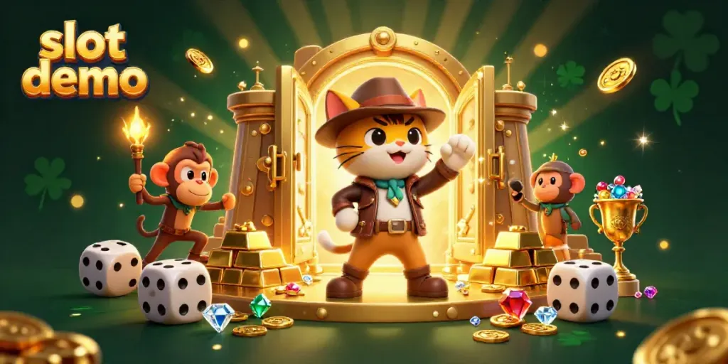 Slot demo interaktif yang menggambarkan kucing arkeolog 3D dan monyet dengan elemen kasino emas.
