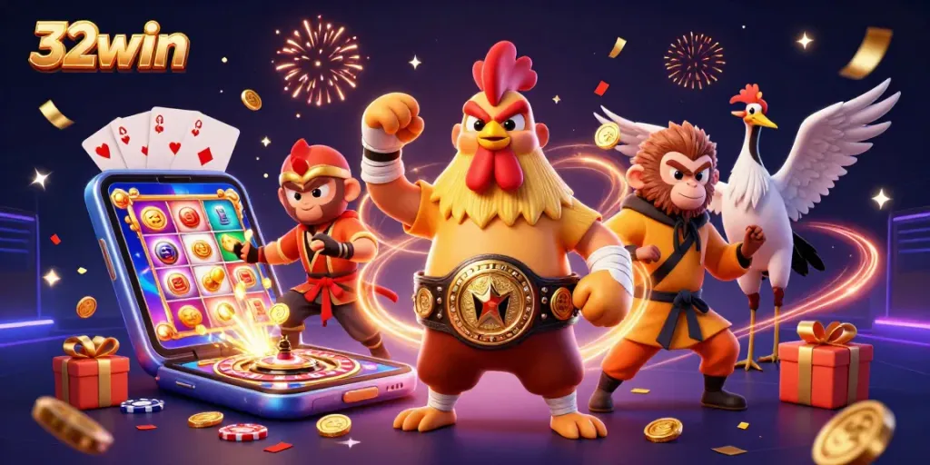 32win unleashes an exciting gaming scene with vibrant characters and slot games.