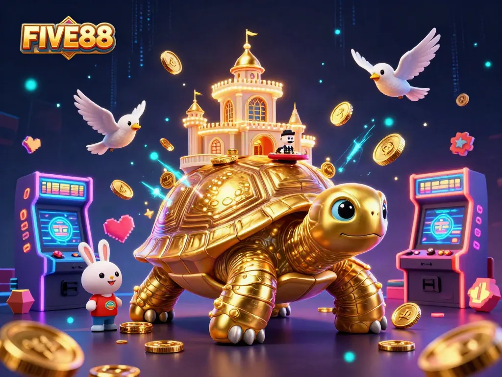 Experience the excitement of FIVE88 with a vibrant 3D illustration of a golden tortoise casino and a rabbit dealer.