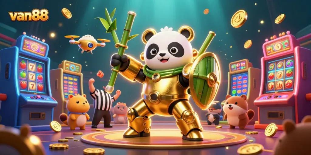 Join the thrilling action at van88's dynamic gaming arena with slots and cheerful spectators.