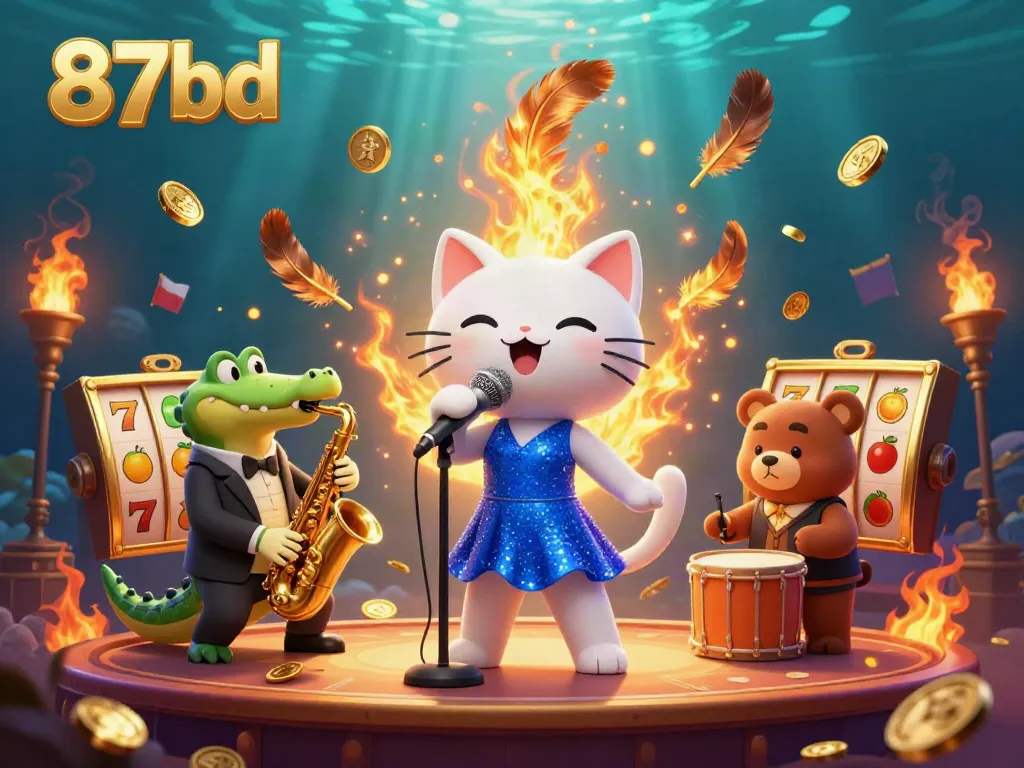 Experience the thrill of 87bd casino with a vibrant 3D scene featuring a jazz-singing cat, saxophone crocodile, and bear drummer.