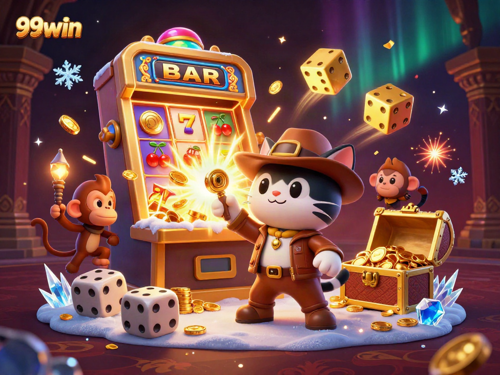 Experience the thrilling jackpot excitement of 99win with a vibrant 3D casino illustration.