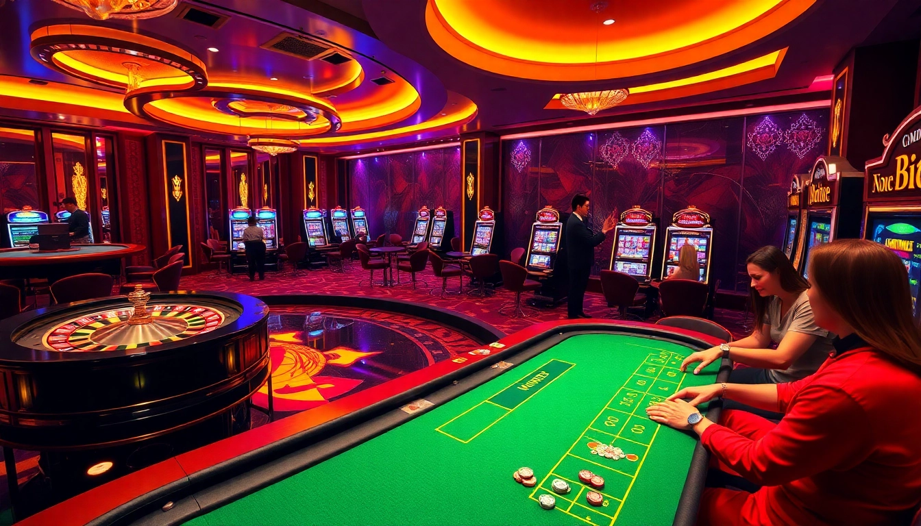 8kbet casino scene showcasing thrilling poker and slot action with vibrant roulette wheels.