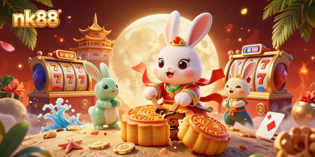 Engage in exciting gameplay at nk88 with the moon rabbit, surrounded by vibrant casino symbols.