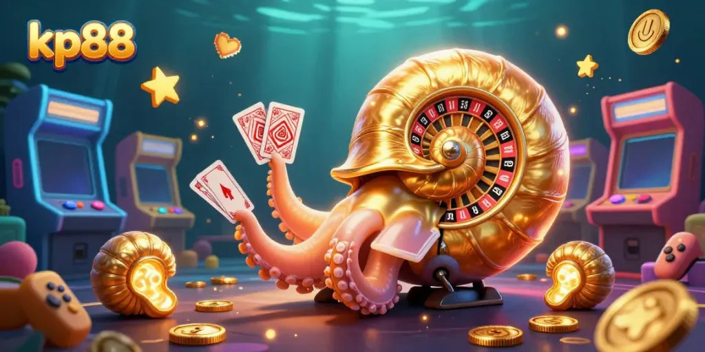 Engage with kp88's vibrant 3D casino scene featuring a nautilus roulette wheel, cards, and glowing ammonite companions.