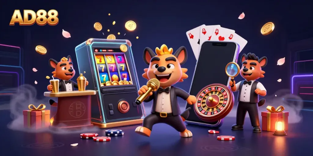 AD88 showcases a lively casino scene with hyenas in comedic roles, onlookers enjoy fun games and gaming.