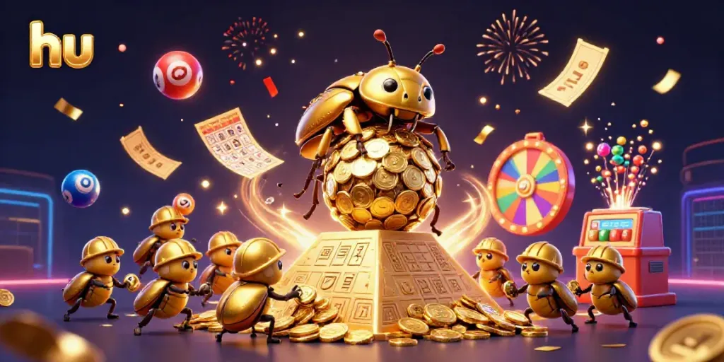 Engage with hu-themed gameplay as a golden dung beetle champions a casino pyramid in a vibrant celebration.