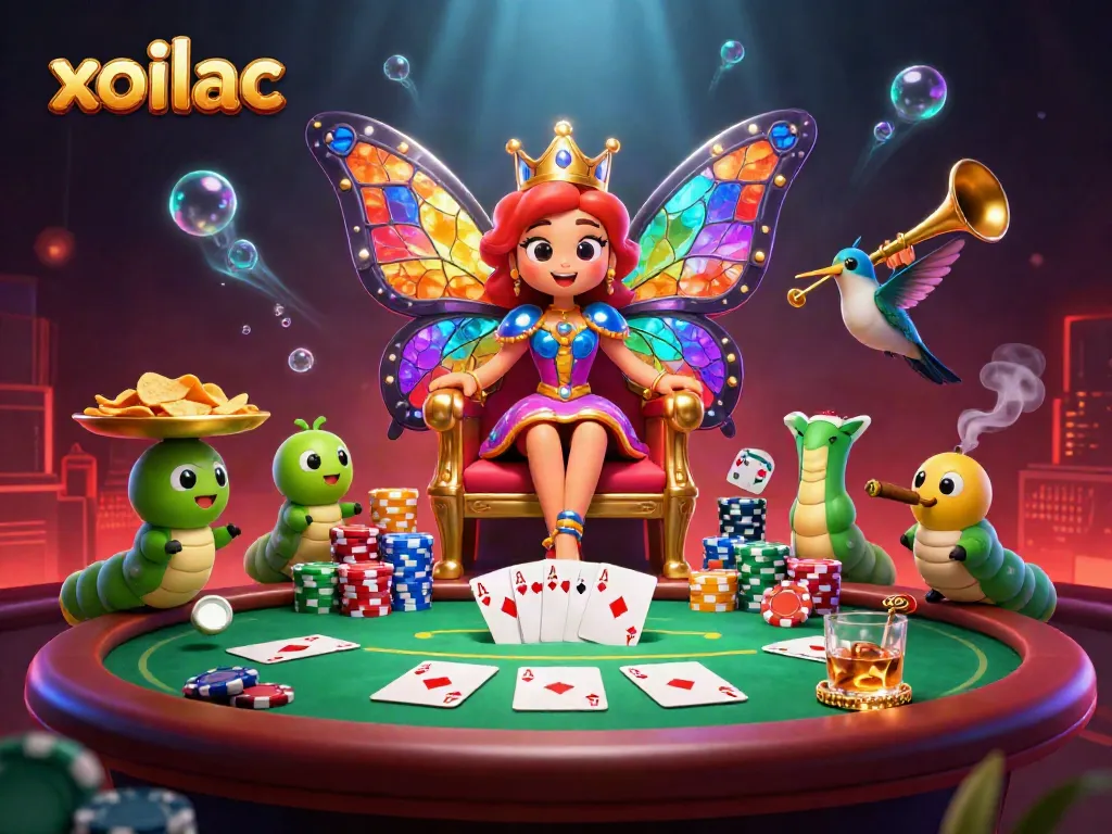 Bet on xoilac with an elegant butterfly queen in a vibrant casino scene filled with poker elements.