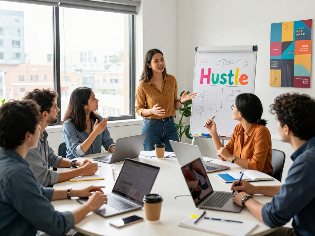 Collaboration in action at ROKOK88 workspace, highlighting diverse entrepreneurs sharing their hustle stories.