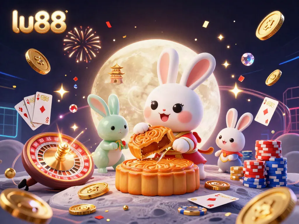 Engage with the vibrant lu88 moon rabbit illustration featuring exciting casino elements and festive decorations.