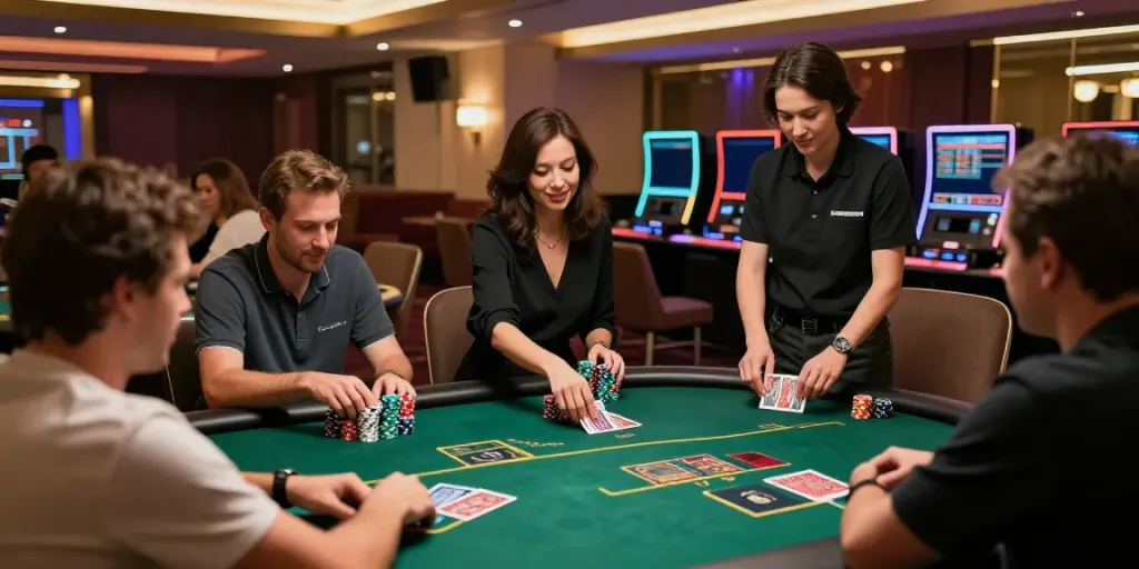 Engaged players at non gamstop casinos enjoying games in a vibrant lounge.