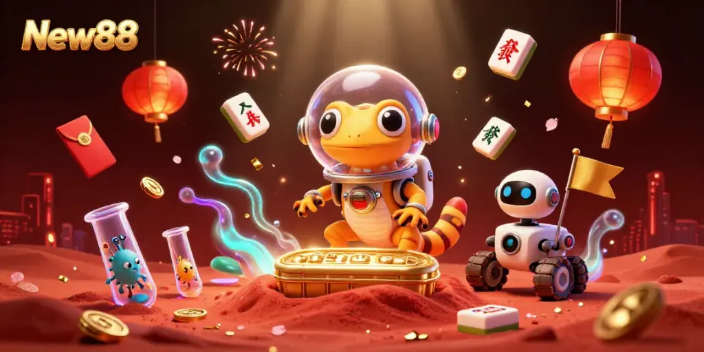 Experience New88's thrilling online casino adventure as a Martian gecko uncovers golden treasures on Mars.