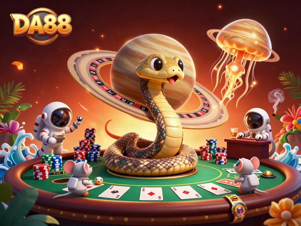 Betting on DA88 with cartoon characters in a casino-themed outer space scene filled with rich details.
