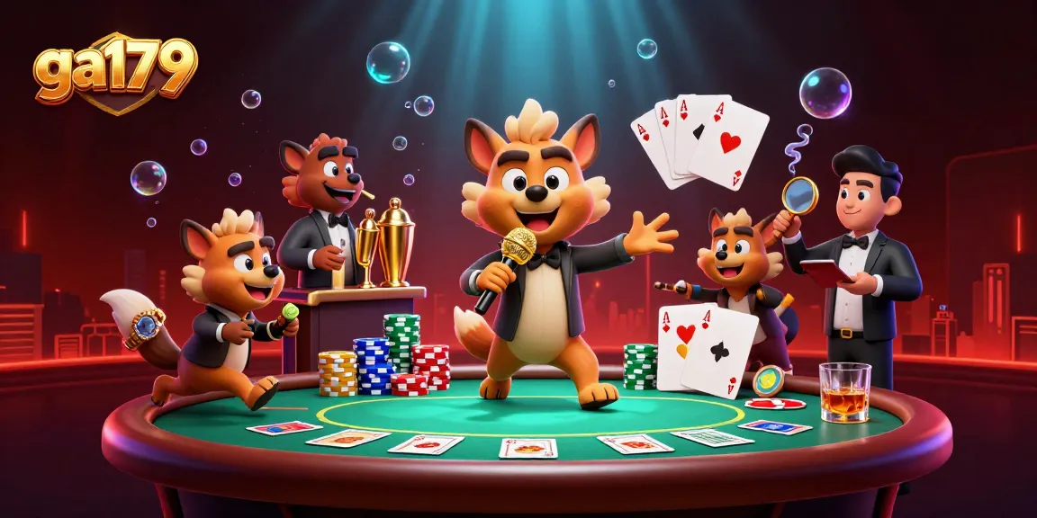 Funny hyenas showcasing ga179 in a vibrant casino scene with poker chips and drinks.