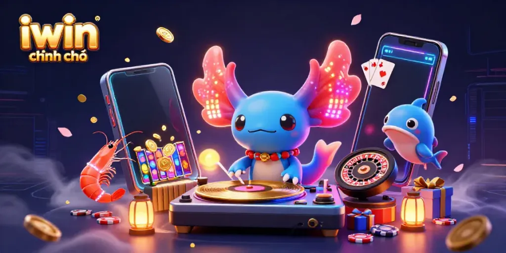 Experience the vibrant energy of iwin chính chủ with a colorful casino scene featuring a neon axolotl DJ and engaging gaming elements.