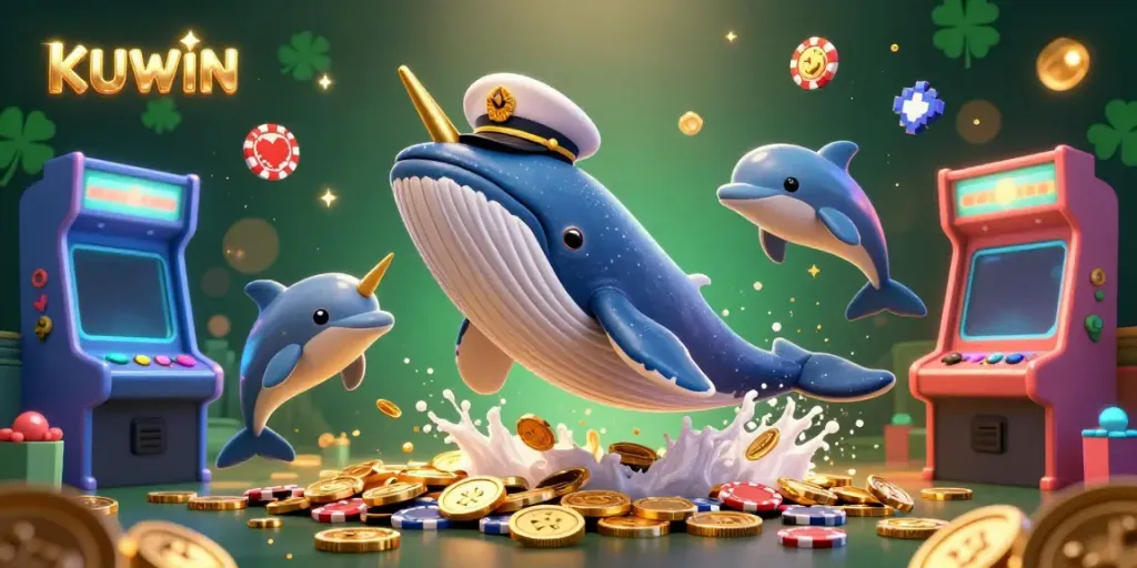 Engage with KUWIN in this vibrant casino scene showcasing a cartoon whale and dolphin surrounded by gaming elements.
