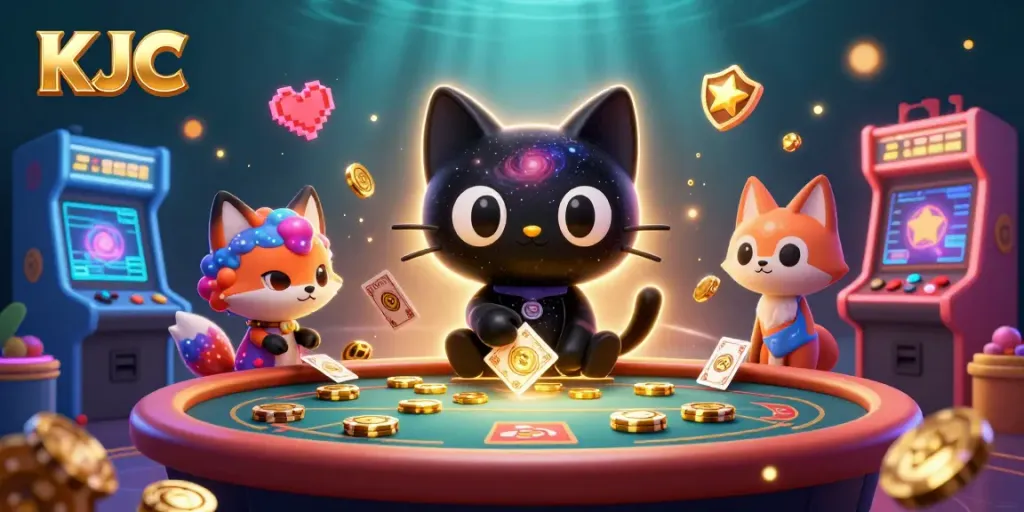 KJC casino table featuring a cartoon black hole cat and colorful nebula fox attracting golden chips
