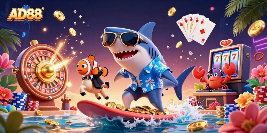 AD88 captures gaming excitement with a shark surfer amidst gold coins and vibrant casino elements.