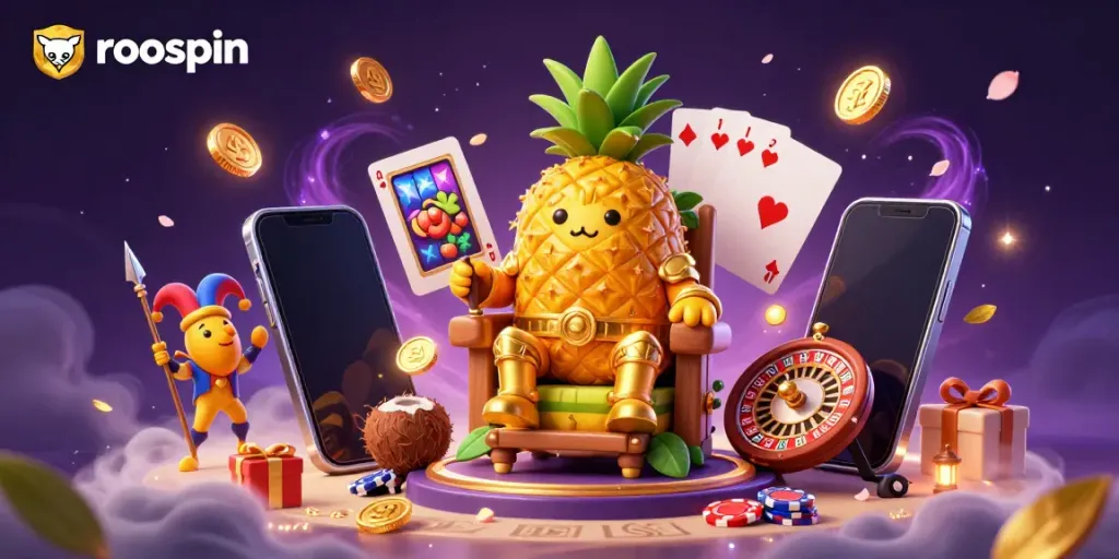 Win with roospin in this vibrant 3D casino illustration featuring a fun tropical theme.