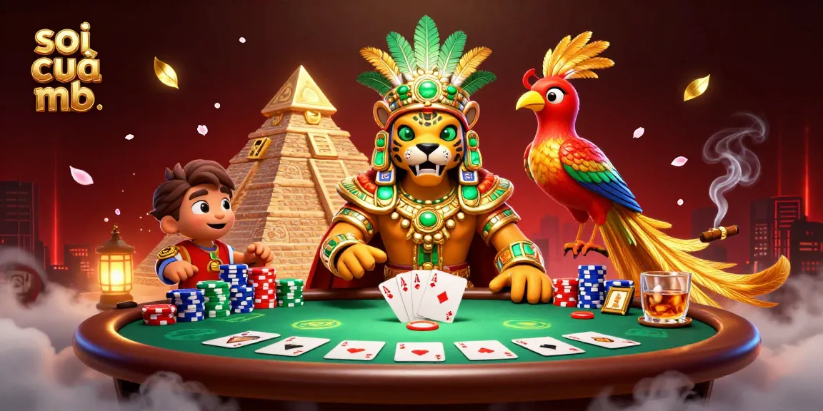Soi cầu mb illustrated in a dynamic poker scene with vibrant characters and gaming elements, showcasing excitement.