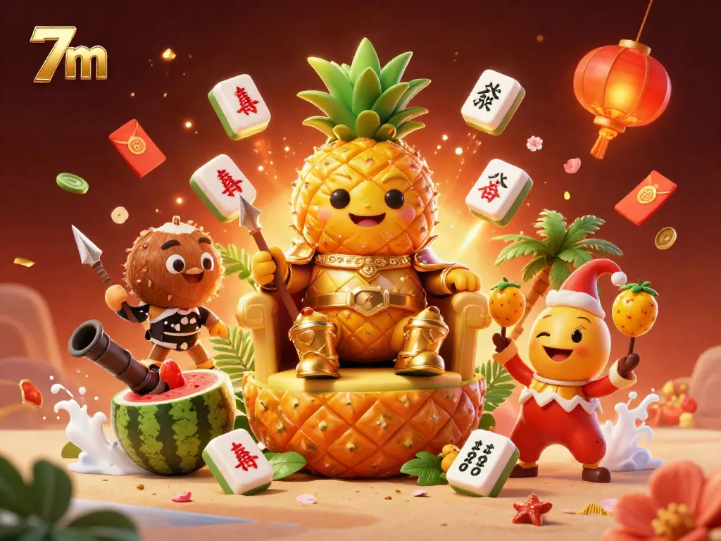 Experience the vibrant world of 7m with an energetic casino scene featuring a golden pineapple king and playful characters.