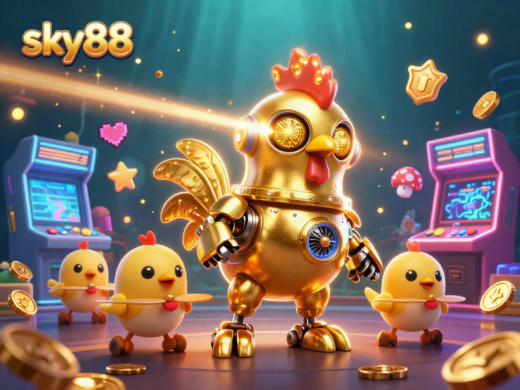 Experience sky88's vibrant games with a futuristic golden rooster robot and engaging gaming elements.