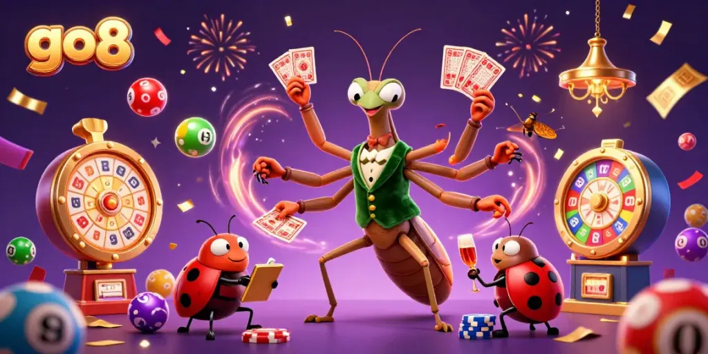 Experience go8's thrilling casino atmosphere with vibrant lottery balls and lively characters.