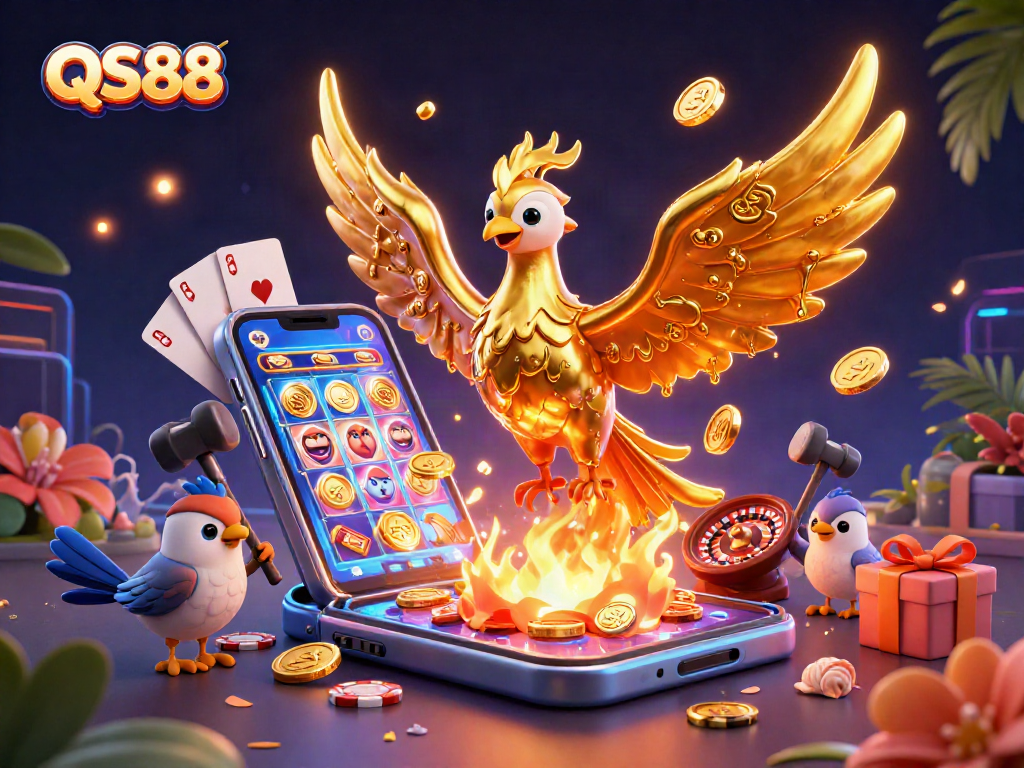 Engage with Q88's exhilarating slot games featuring gold phoenix and vibrant casino elements