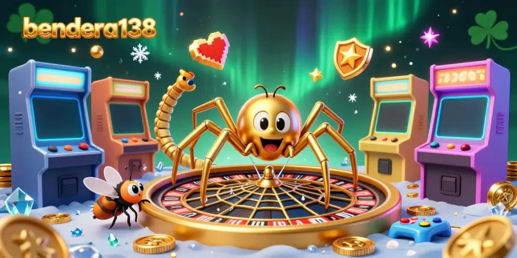 Experience the thrill at bendera138 with a colossal roulette wheel and enchanting characters in a vibrant casino scene.