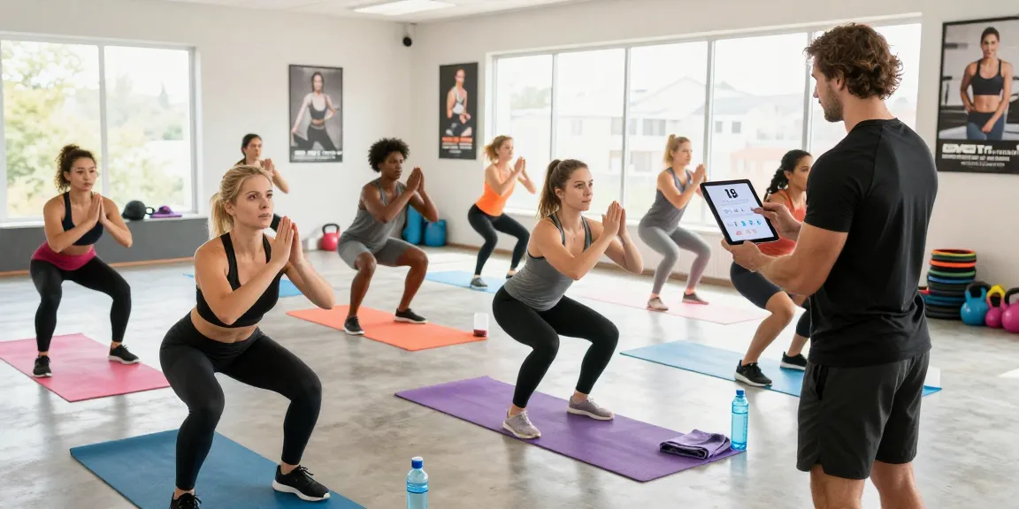 People in a fitness class using a BMI Calculator app for health tracking